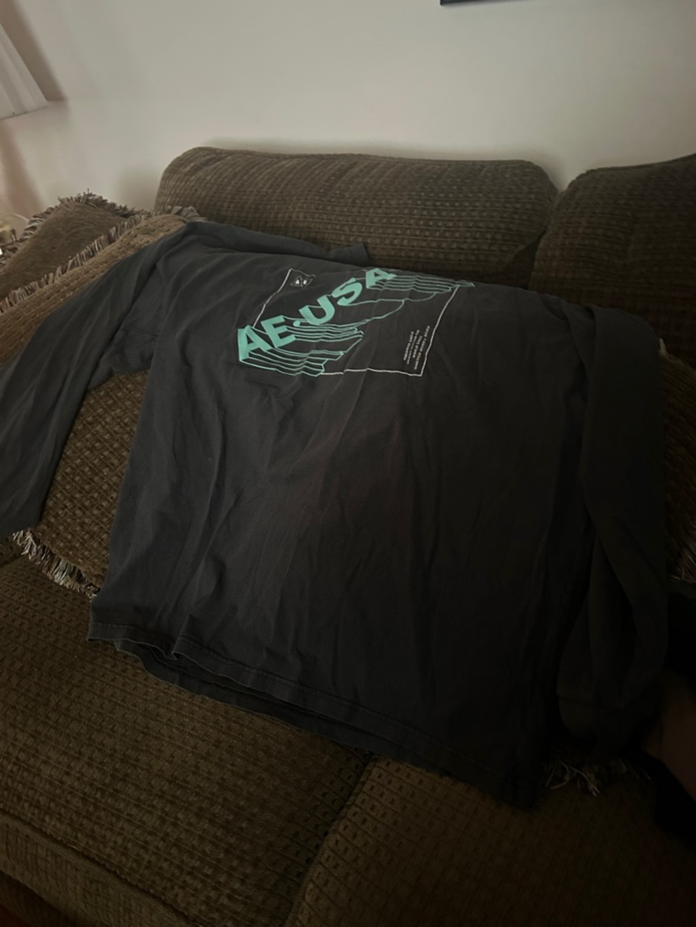 American Eagle Outfitters Black Long-Sleeve Tee with Teal Graphic